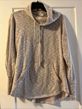 Prana Light Taupe Heathered Drawstring Cowl Pullover